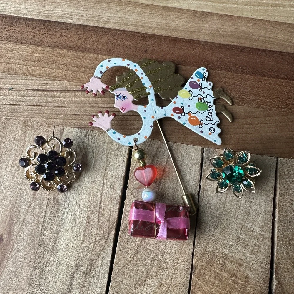 Karen Rossi Silvestri Fanciful Flights Birthday Girl Stick Pin w 2 Flower Brooch